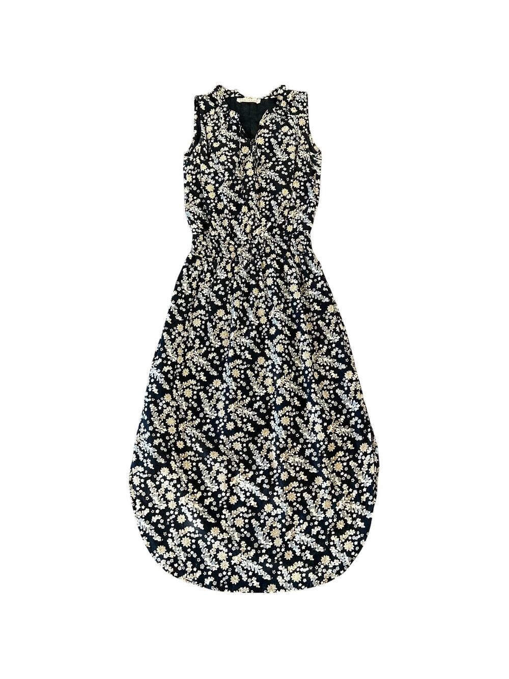Banjanan Floral Cotton Maxi Dress Black Cream Sleeveless Waist Boho Small